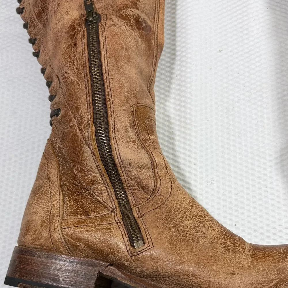 Bed Stu Benchmade Tan Knee-High Lace—Up Back Leather Boots size 8